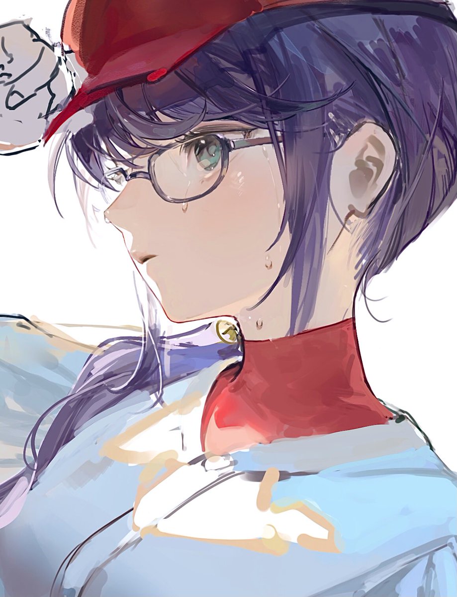 1girl baseball cap purple hair solo white background glasses long hair  illustration images