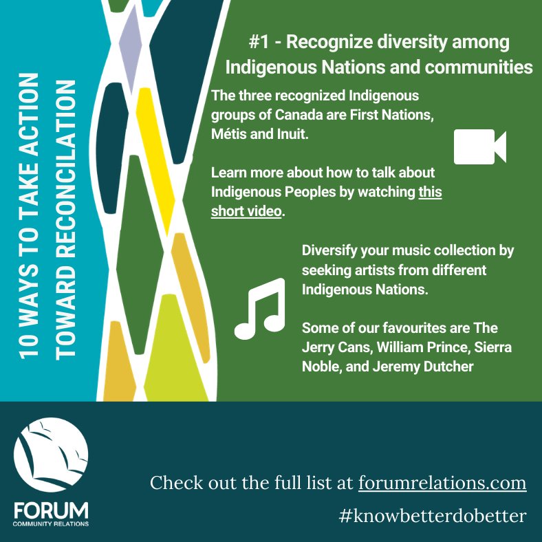 Many Canadians are sitting in the truth and wondering how to take action towards #reconciliation. Check out our list of 10 things to do at forumrelations.com/community-forum
#1 - Recognize diversity among Indigenous Nations &amp; communities
#knowbetterdobetter