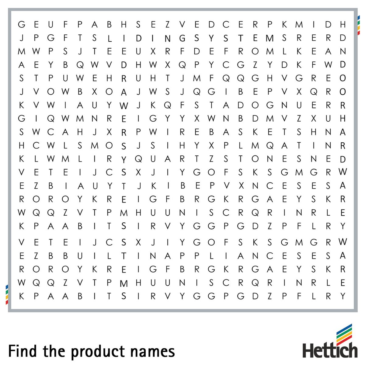 Time for some brain teasers! In the word puzzle given below, you need to find the 5 main product categories that Hettich sells in the market and reply with your answers in the Comments section. Tag your friends for more fun! #games #fun #HettichWordPuzzleContest #ContestAlert https://t.co/qRxdVO2Bbx