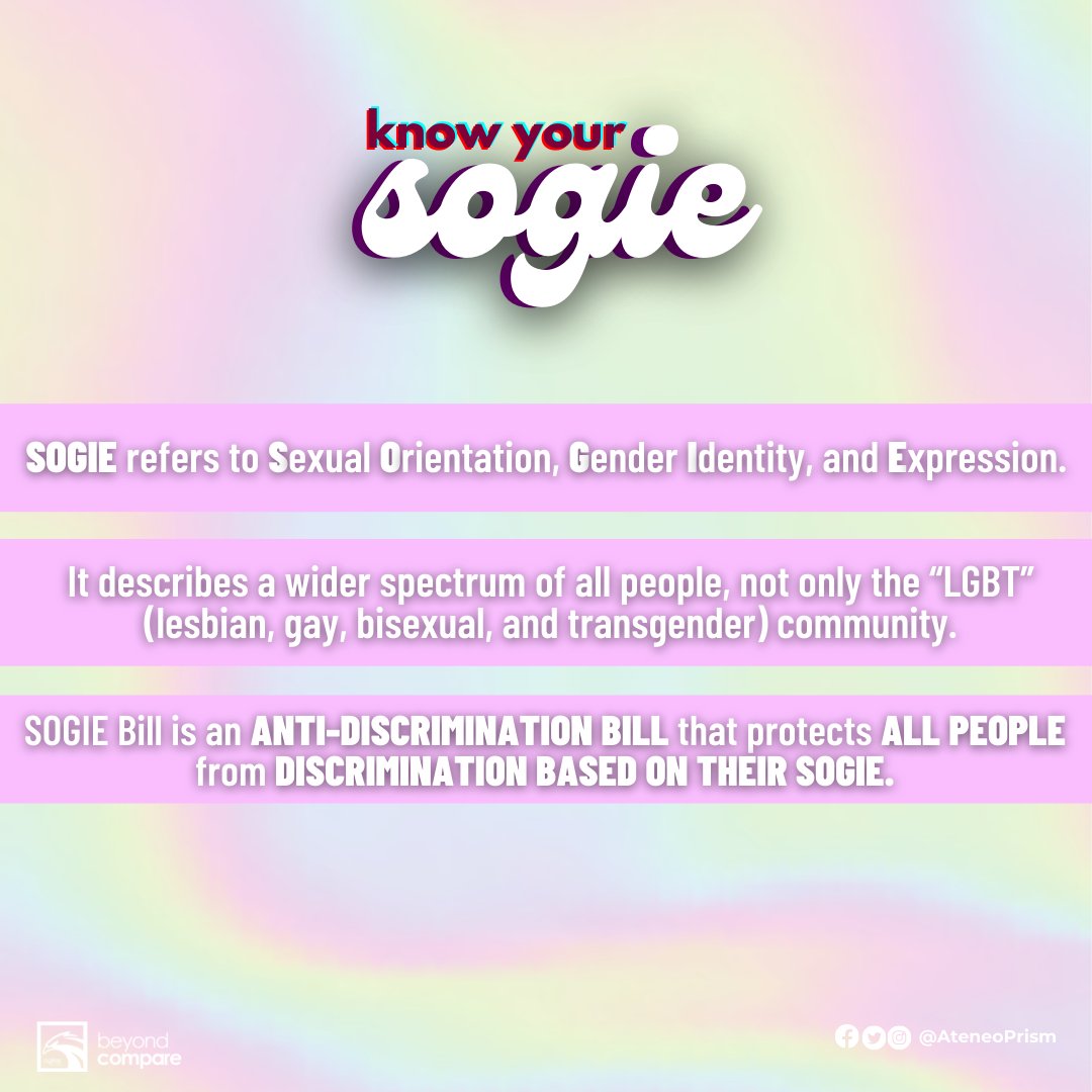 AteneoPrism's tweet photo. Ateneans, let's be informed and raise your flags with us, as we discuss about Sexual Orientation, Gender Identity, and Expression (SOGIE) and why it is important.
Tara! Let us talk about SOGIE.
#FlyWithPride #WearYourColor #TransLiveMatter #SOGIEEqualityNow https://t.co/9oFjnrl83Y