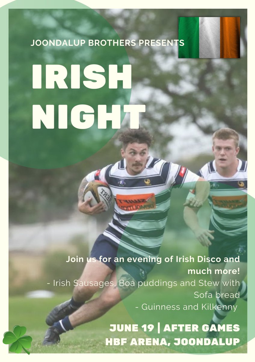 JBrothersRUFC's tweet photo. Calling all Irish rugby fans near and far☘️ 
Join us as we present our Irish Night this Saturday on home grounds, once all of the action on the field comes to a close it’s time to hit the club rooms 🏉
Irish stew, sausages and Guinness are just some of the goodies up for grabs 🍺 https://t.co/Fdmvrc4jDA