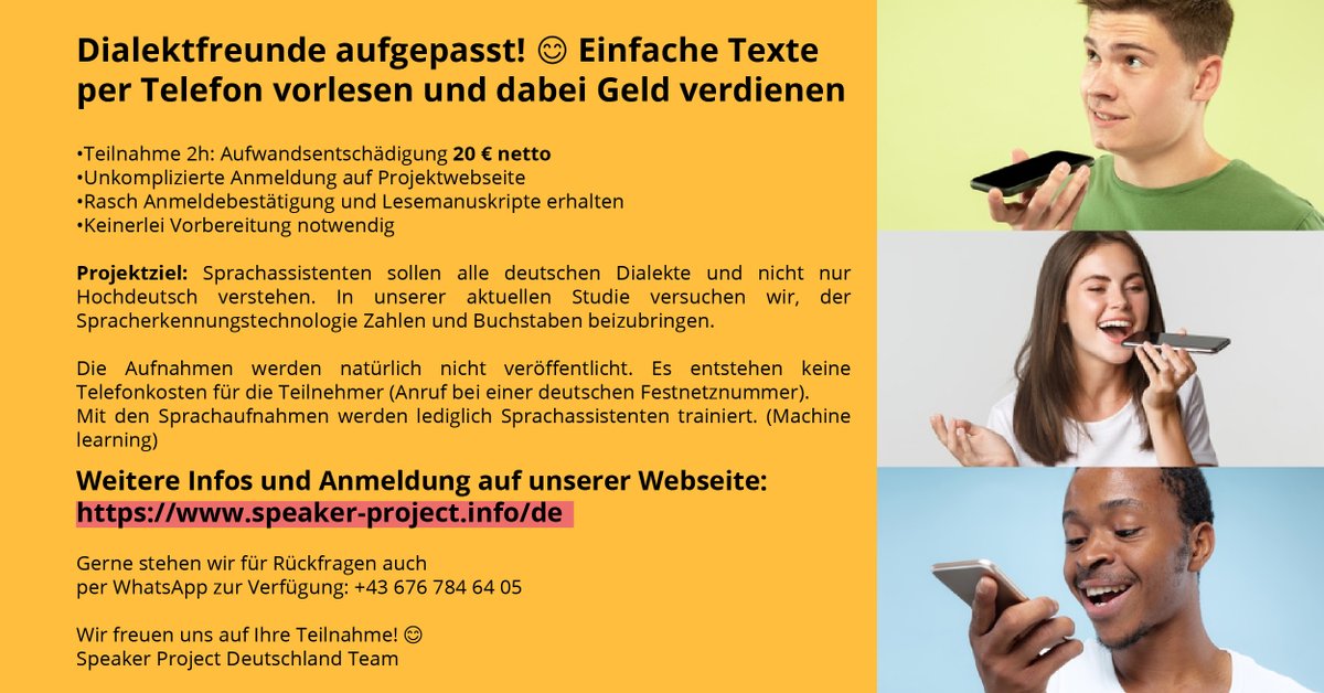 Wir suchen Teilnehmer für eine Sprachstudie der verschiedenen deutschen Dialekte. Einfach per Telefon Manuskripte vorlesen und eine Aufwandsentschädigung erhalten.