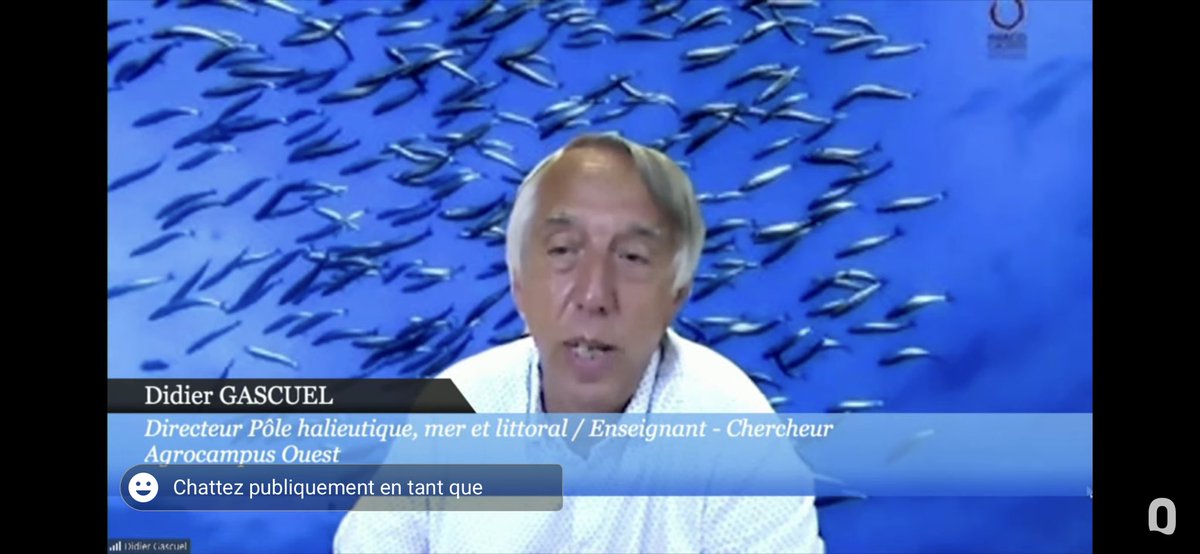 2ème table ronde Poissons avec en visio :
👉 Didier Gascuel, Directeur Pôle halieutique, mer et littoral, Enseignant - Chercheur
👉 David Milly, Directeur de Pêcheurs d’Aquitaine, Membre de la Fédération des Organisations de Producteurs de la Pêche Artisanale 
#acidificationocéan