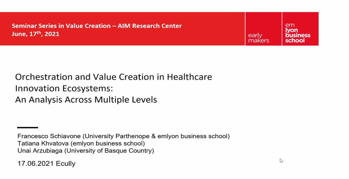 salma_andre's tweet photo. 🔴 @AIM_AIValue  webinar on “Orchestration and value creation in healthcare innovation #ecosystems: an analysis across multiple levels” just started ! 

@EMLYON https://t.co/ngfTtBs1FH