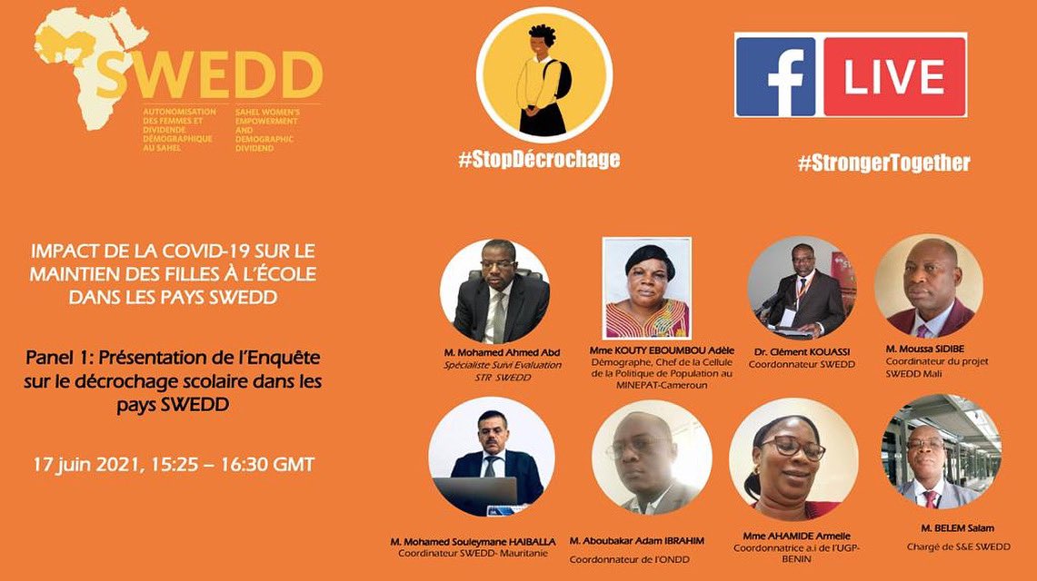 MaliSwedd's tweet photo. Suivez le panel 1 sur la présentation de l’Enquete sur le décrochage scolaire dans les pays #SWEDD dont le #Mali.
15h-17h
#StopSecrochage #strongertogether
@WorldBank
@mabinguengom
@Unfpamali
@UNFPA_WCARO
@Atayeshe
@AFD_en
@2021Campagne https://t.co/JqXlngZDMM