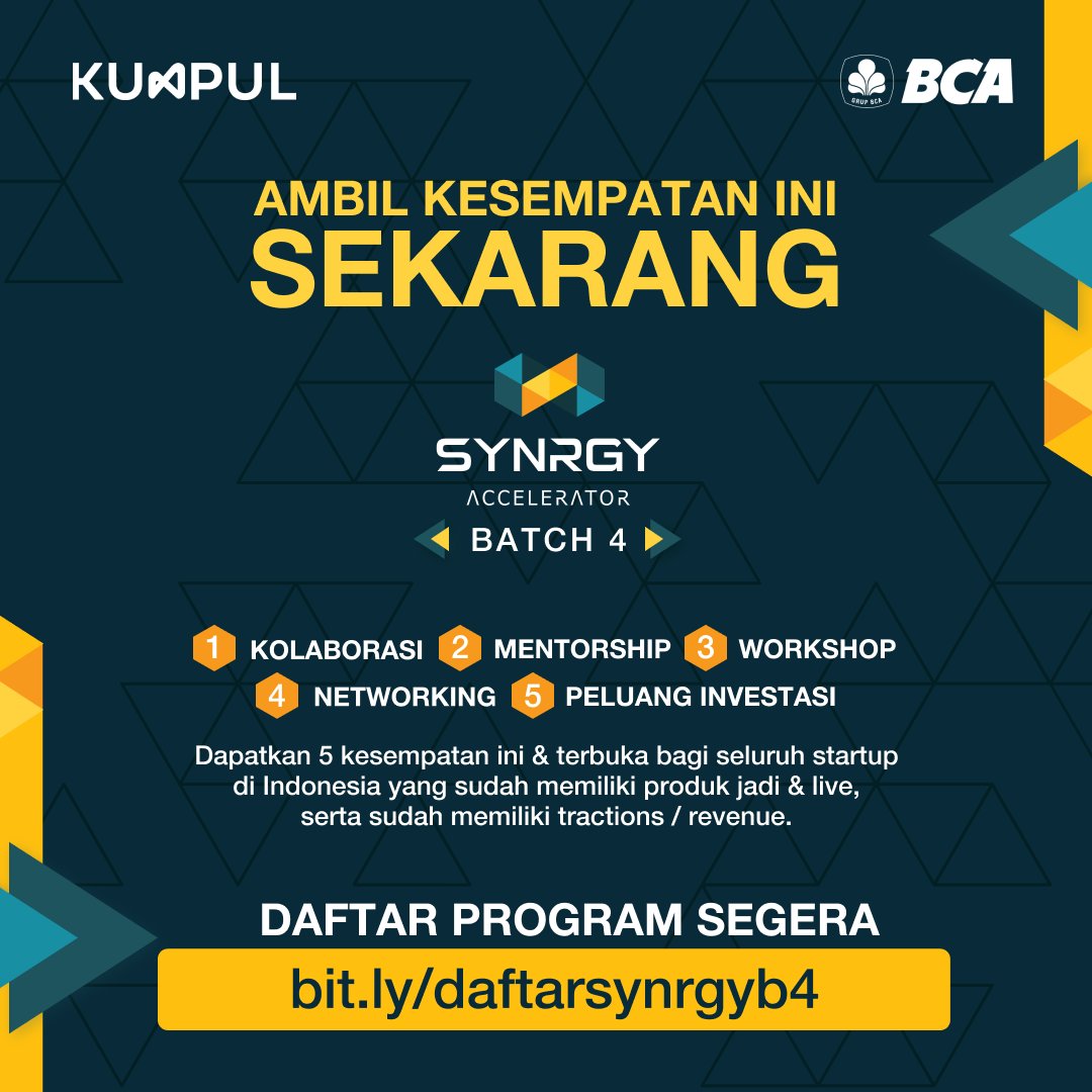 [𝗝𝗮𝗻𝗴𝗮𝗻 𝗟𝗲𝘄𝗮𝘁𝗸𝗮𝗻 𝗞𝗲𝘀𝗲𝗺𝗽𝗮𝘁𝗮𝗻 𝗜𝗻𝗶] 𝗣𝘂𝗹𝘂𝗵𝗮𝗻 𝗦𝘁𝗮𝗿𝘁𝘂𝗽 𝘁𝗲𝗹𝗮𝗵 𝗺𝗲𝗿𝗮𝘀𝗮𝗸𝗮𝗻 𝗺𝗮𝗻𝗳𝗮𝗮𝘁𝗻𝘆𝗮

Segera daftar Program BCA SYNRGY Accelerator Batch 4
bit.ly/daftarsynrgyb4 (Pengumuman Startup Terpilih 28 Juni 2021)

#synrgy #synrgyid