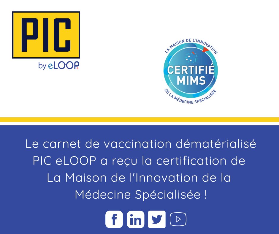 PicEloop's tweet photo. L'application PIC ELOOP a reçu la certification de La Maison de l’Innovation de la Médecine Spécialisée!😀
#certifié #innovation #santé #carnetdevaccination https://t.co/JsgTSulL4O