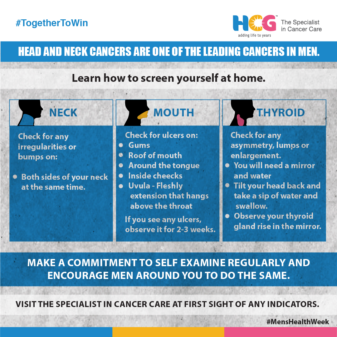 Head and Neck cancers in men have the highest incidence rate in India. This Men’s Health Week #MakeACommitment to carry out self-examinations to detect early signs and symptoms.

#MensHealthWeek #CancerAwareness #OralCancerAwareness #CancerCare #HCGCancerCentre #HCGHospitals