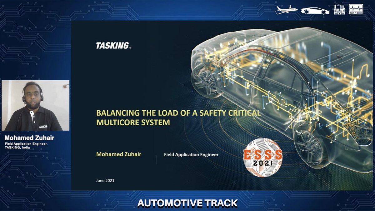 ESSSUMMIT's tweet photo. LIVE TALK | Automotive Track | Balancing the Load of a #safetycritical Multi-Core System by MOHAMED ZUHAIR, Field Application Engineer, TASKING, India.
REGISTER - https://t.co/GZmgV2knTp
LOGIN - https://t.co/w7fKwwXyb2
#ESSS21Virtual https://t.co/bCrJW3qXx3