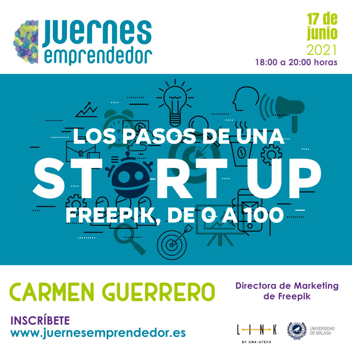 #Linker! Hoy a las 18h tenemos <a href="/juernesemprende/">Juernes Emprendedor</a> #online🤩
Carmen Guerrero, CMO de @FreepikCompany, compartirá con nosotros sus más de 20 años de experiencia en el sector del #emprendimiento en "Los pasos de una Startup de 0 a 100"💡
¡Inscríbete ya!👉juernesemprendedor.es/carmen-guerrer…