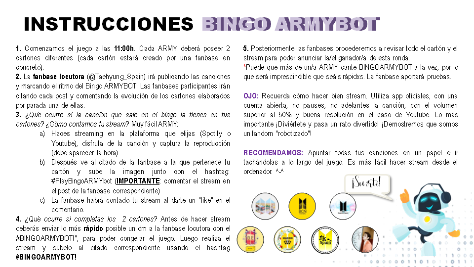 Jungkook_Spain_'s tweet photo. ¡Robots en fila! 🤖
Ups perdón,¡#BTSARMY! Este sábado vamos a demostrar que nuestro sistema de transmisiones está bien lubricado.⚙️⚙️⚙️

Si quieres participar deja tu comentario y tu DM abierto.
¡Habrá premio para el/la ganador/a!
¡Estad atentxs!
#BINGOARMYBOT
@BTS_twt https://t.co/FvxVAt3wAQ