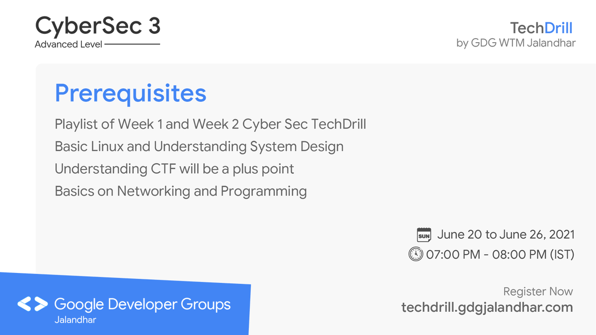 Prerequisites to explore #CyberSecurity smoothly?

📌Basic Linux and System Design
📌Basics on Networking &amp; Programming

Hop onto techdrill.gdgjalandhar.com/cybersec-3 for detailed information.

Anything missing?
Let us know in the comments⬇️

#TechDrill #GDGJalandhar #WTMJalandhar