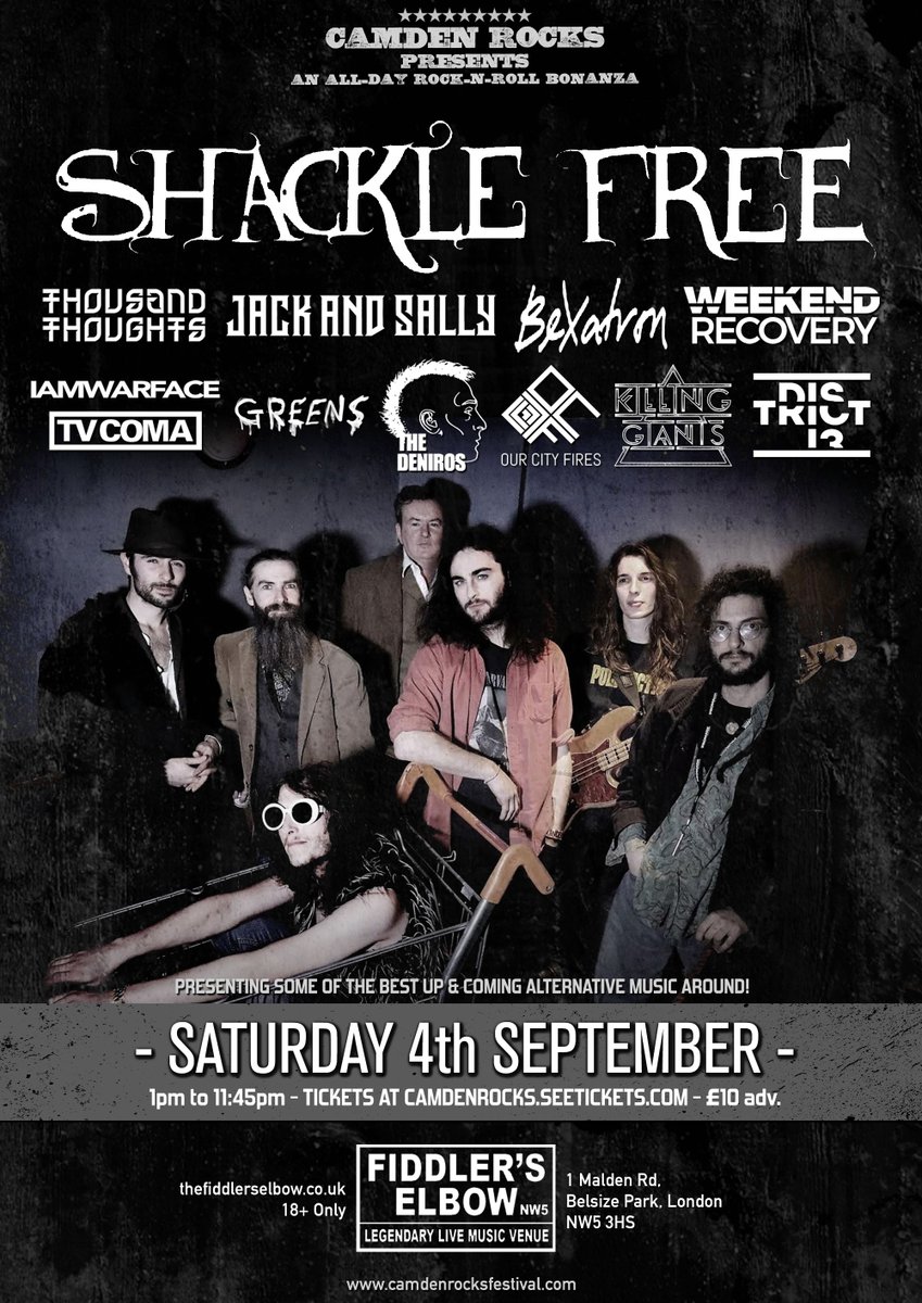CamdenRocksFest's tweet photo. On Sale NOW! 🤩 #CamdenRocks presents a rock-n-roll all-dayer w/ #ShackleFree @TThoughtsMusic @JackAndSallyUK @_Bexatron @WeekendRecMusic @IAmWarFace @TVcomaMusic @OurCityFires @KillingGiantsBand & more at @FiddlersCamden on Sat 4th September 👉 https://t.co/bKRaYWA03R https://t.co/iEDy6iENQ4