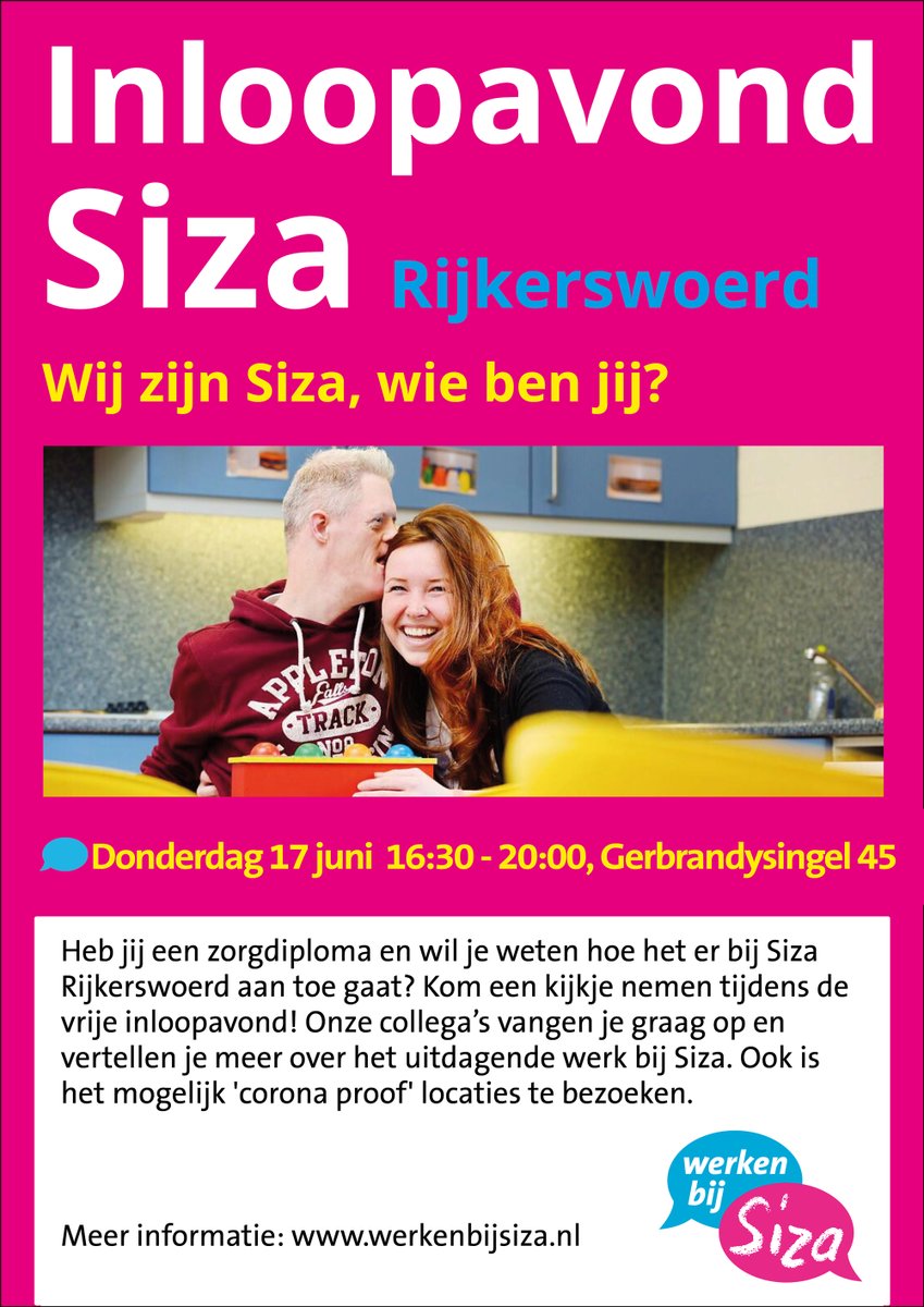 Jij hebt een opleiding in de zorg (of bijna) en wilt onderzoeken of jij en Siza bij elkaar passen? Kom dan binnenlopen vanmiddag/vanavond op AC Rijkerswoerd, Gerbrandysingel 45. Arnhem-zuid. 
#werkenindezorg #EVB #NAH #EMB #werkenbijSiza #Siza