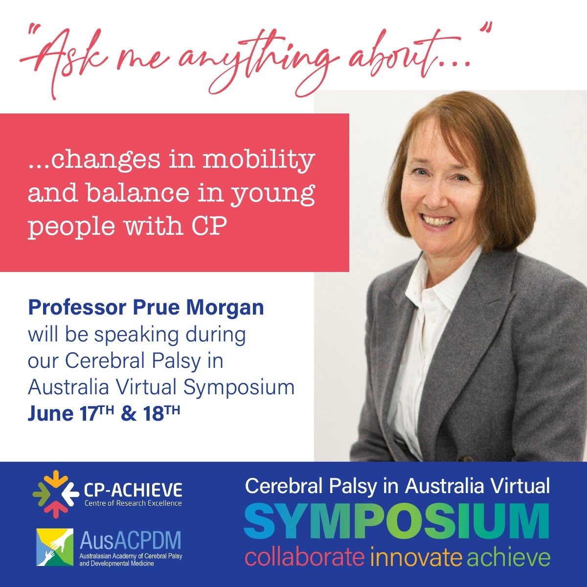 CpAchieve's tweet photo. Collaborate, Innovate, Achieve @CpAchieve &amp; @AusACPDM Symposia update: ‘Ask me anything’ sessions on topics like pain, participation, mobility, mental health, transition, eye-gaze control technology, drooling &amp; more. A great opportunity to ask experts anything!! #cp_Achieve2021 https://t.co/ssJssrQD91
