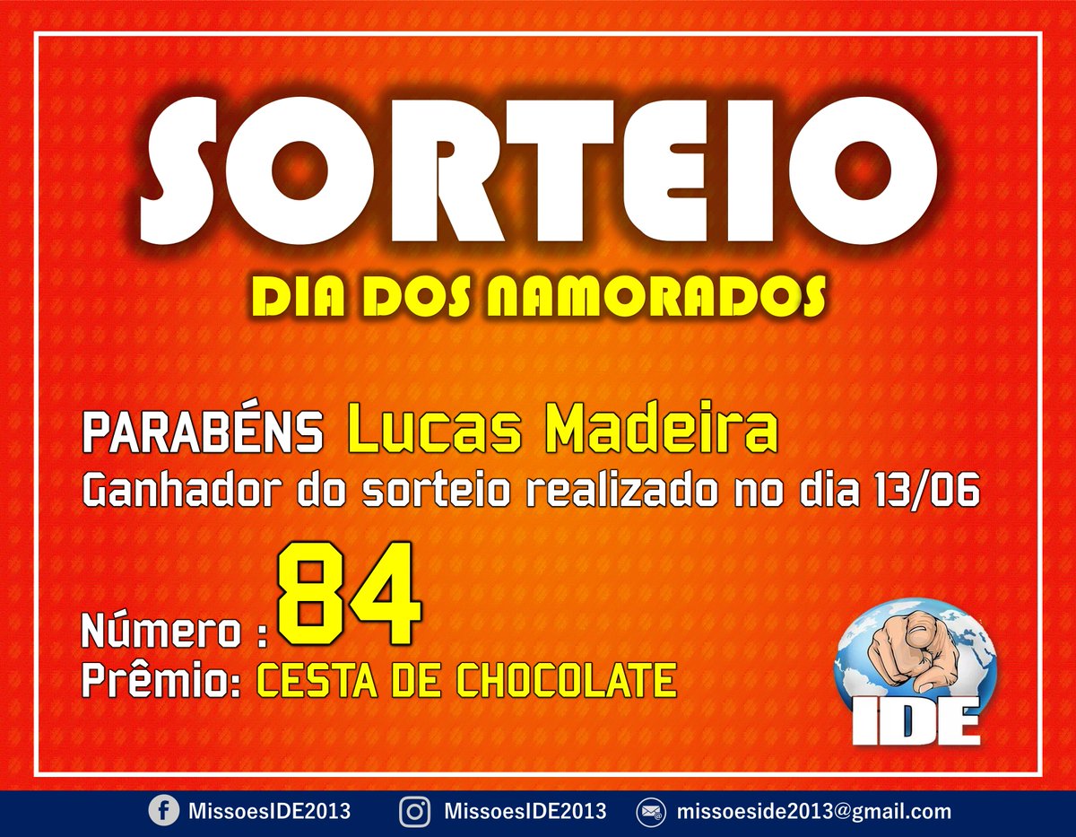 MissoesIDE2013's tweet photo. SORTEIO | MINISTÉRIO MISSÕE IDE
(DIA DOS NAMORADOS)
Parabéns ao LUCAS MADEIRA
Ganhador do sorteio realizado no dia 13/06
Número: 84
Prêmio: CESTA DE CHOCOLATE
LINK DO SORTEIO: https://t.co/Ns1Meut079
*EM BREVE TEREMOS MAIS SORTEIOS
#MissõesIDE
#SorteioMMI https://t.co/dunRgvZXn1