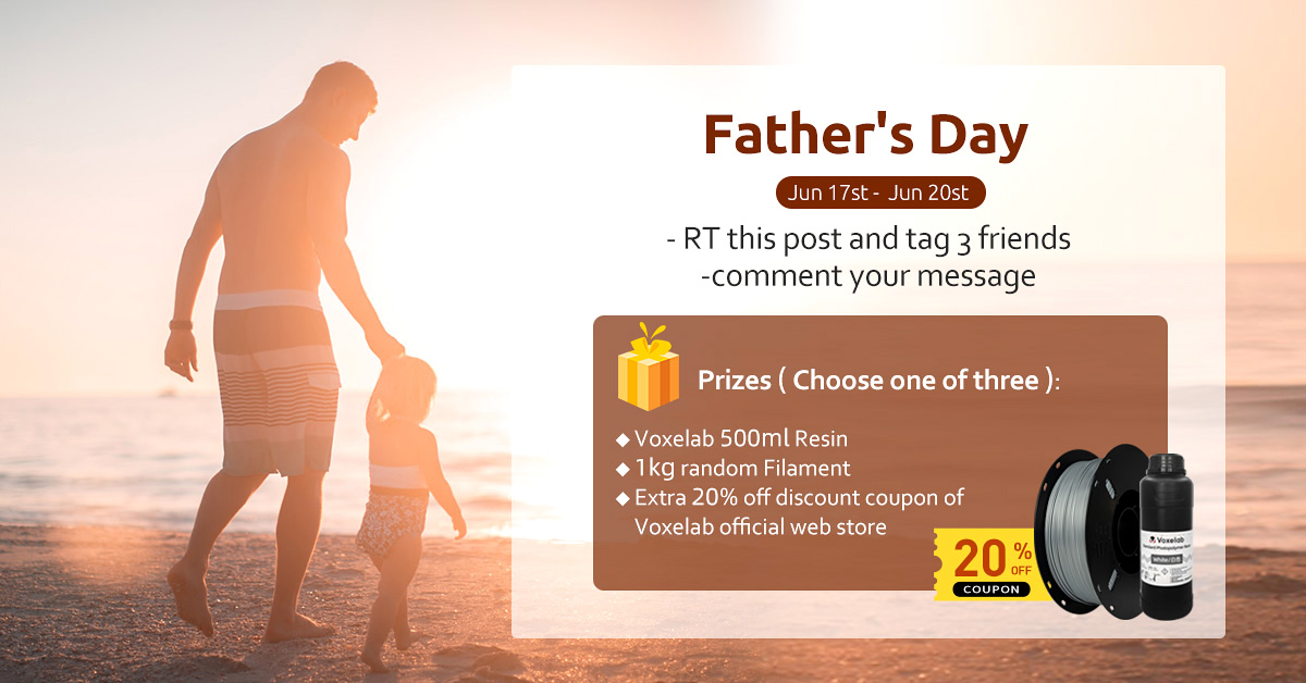 voxelab's tweet image. 🎉Attention!!! #voxelab giveaway for #FathersDay
Get a chance to win a gift by:

- Follow @voxelab
- Retweet and like

Prizes（Choose one of three）:
🏆Resin or Filament 
🏆20% off coupon

👑3 winners will be announced on 6/21! 

❤️❤️Good luck to all of you.

#voxelabgiveaway