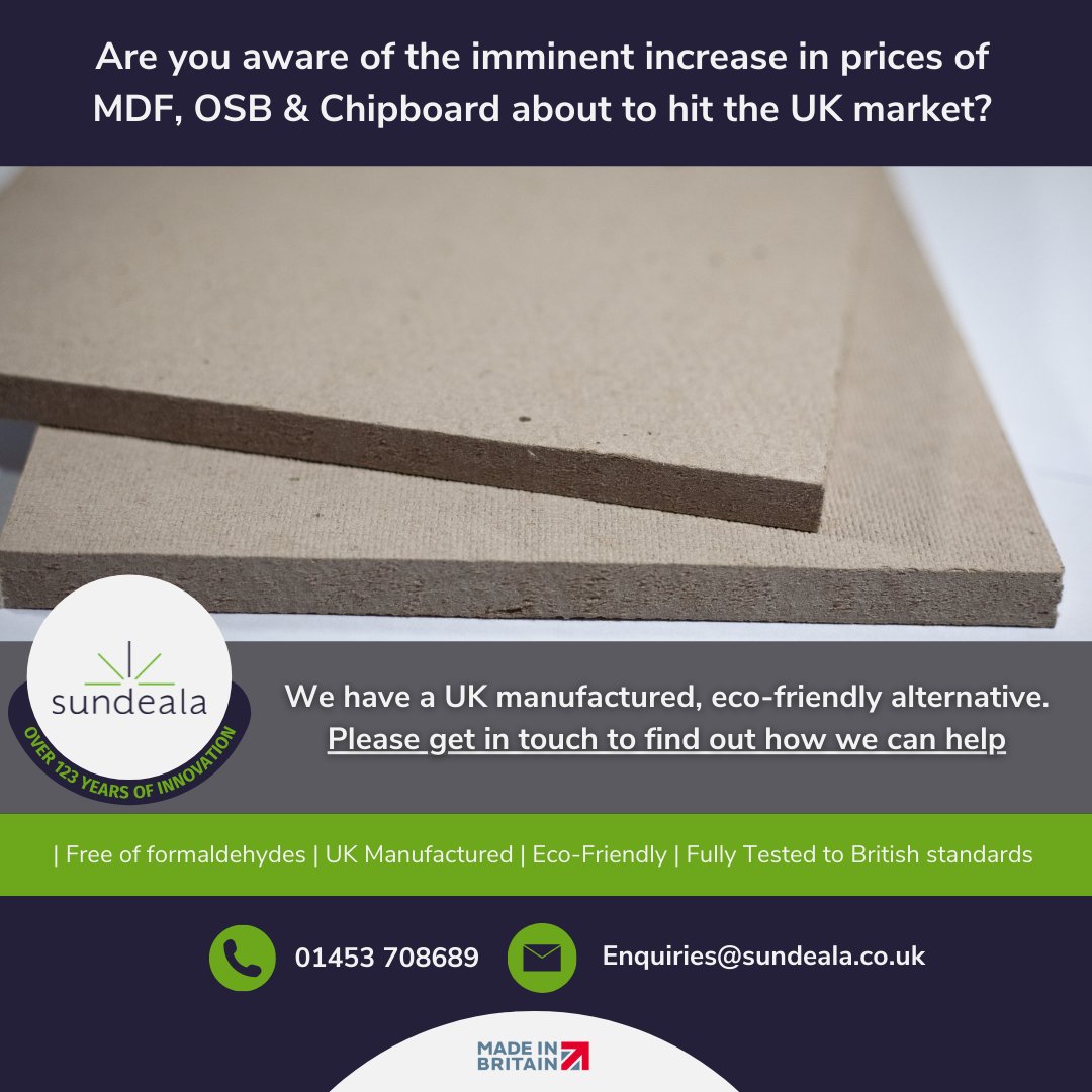 SundealaLtd's tweet photo. MDF, OSB and chipboard prices are due to increase exponentially, this is set to intensify throughout the duration of 2021. 

If you are in need of a cost effective, high performance alternative, without the worry of formaldehyde and added chemicals, please get in touch. https://t.co/ncgydPDmiE
