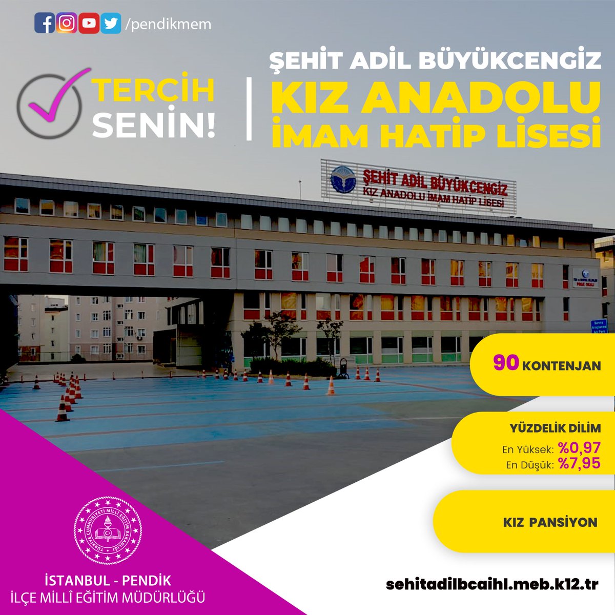 Değerli Öğrencilerimiz
Tercih Senin ❗

🚸 Şehit Adil Büyükcengiz Anadolu İmam Hatip Lisesi <a href="/sehitadilbcaihl/">Şehit Adil Büyükcengiz AİHL</a>

✅ 9️⃣0️⃣ Kontenjan
💯 Yüzdelik Dilim %0.97 ↔️ %7.95
🏡 Kız Pansiyon

🖥 sehitadilbcaihl.meb.k12.tr

#LGS2021