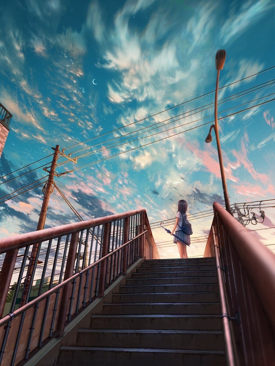 1girl sky solo cloud outdoors scenery skirt  illustration images