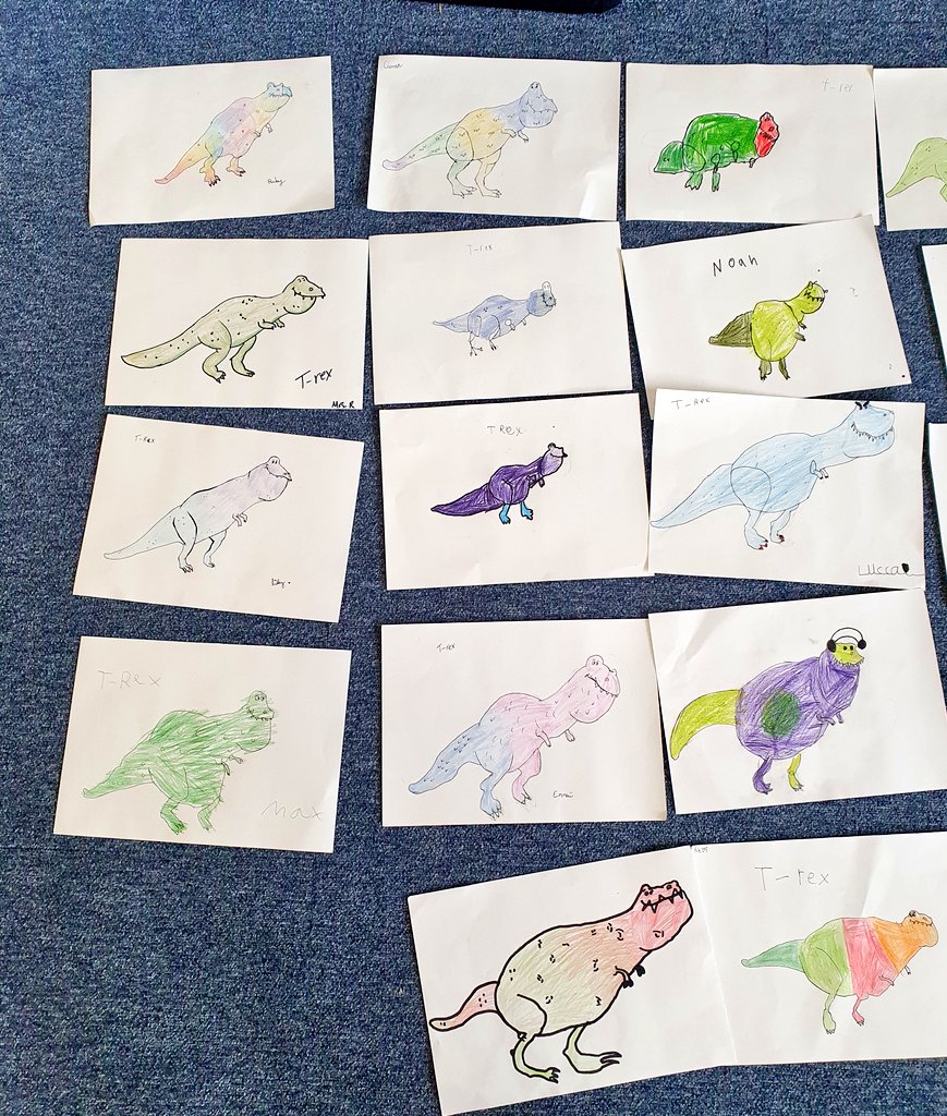 p5a_r's tweet photo. 🦖🦖Observational drawing today! We used our listening and concentration skills to follow the step by step instructions to recreate these super T-Rex drawings! 🦖🦖 #cdpsdg7 #cdpsdg7art https://t.co/LkrFN2ViWL