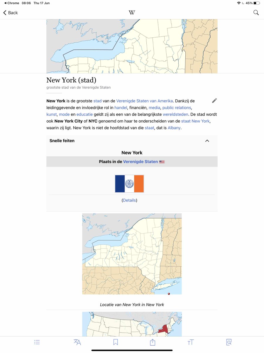 New York City article on Dutch Wikipedia on iPad. 
Wikipedia rendering of page on mobile is slightly 'out of tune'. Could use 'a little help from human friends'.