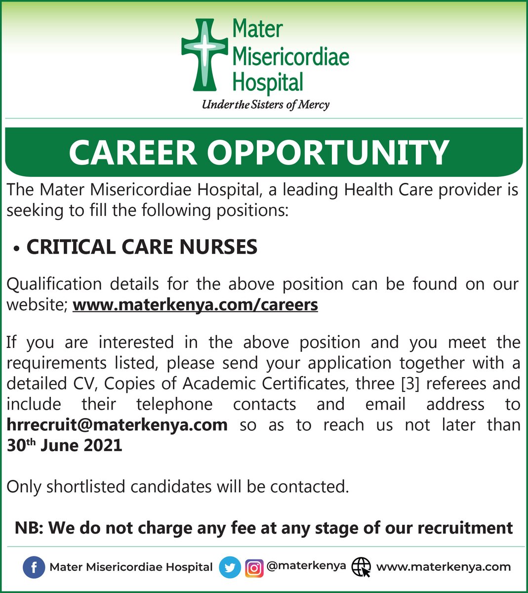 materkenya's tweet photo. We are hiring!
• Critical Care Nurses
https://t.co/ojccwIYpOE https://t.co/1IAIhcXDVg
