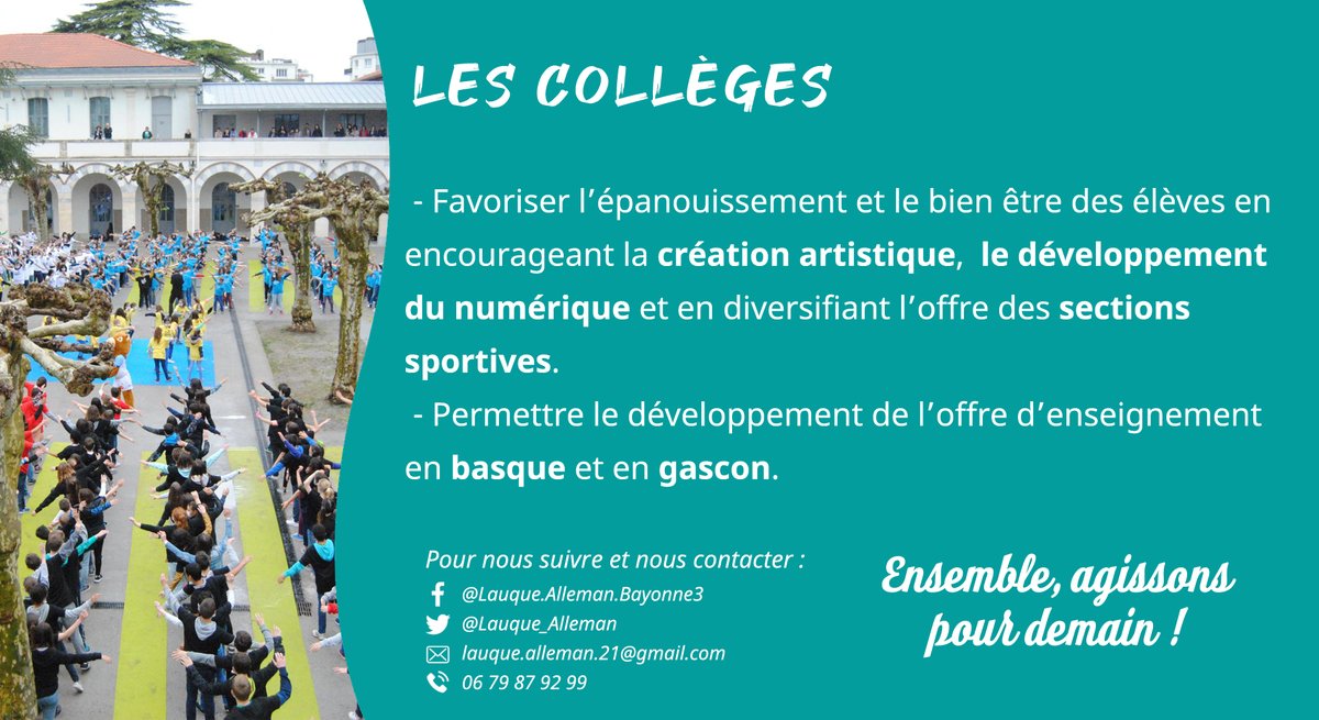 Lauque_Alleman's tweet photo. ▶Les Collèges
👉Favoriser l’épanouissement et le bien-être des élèves en encourageant la création artistique, le développement du numérique et en diversifiant l’offre des sections sportives
👉Permettre le développement de l’offre d’enseignement en #basque et en #gascon
#bayonne https://t.co/bodMFWGab3