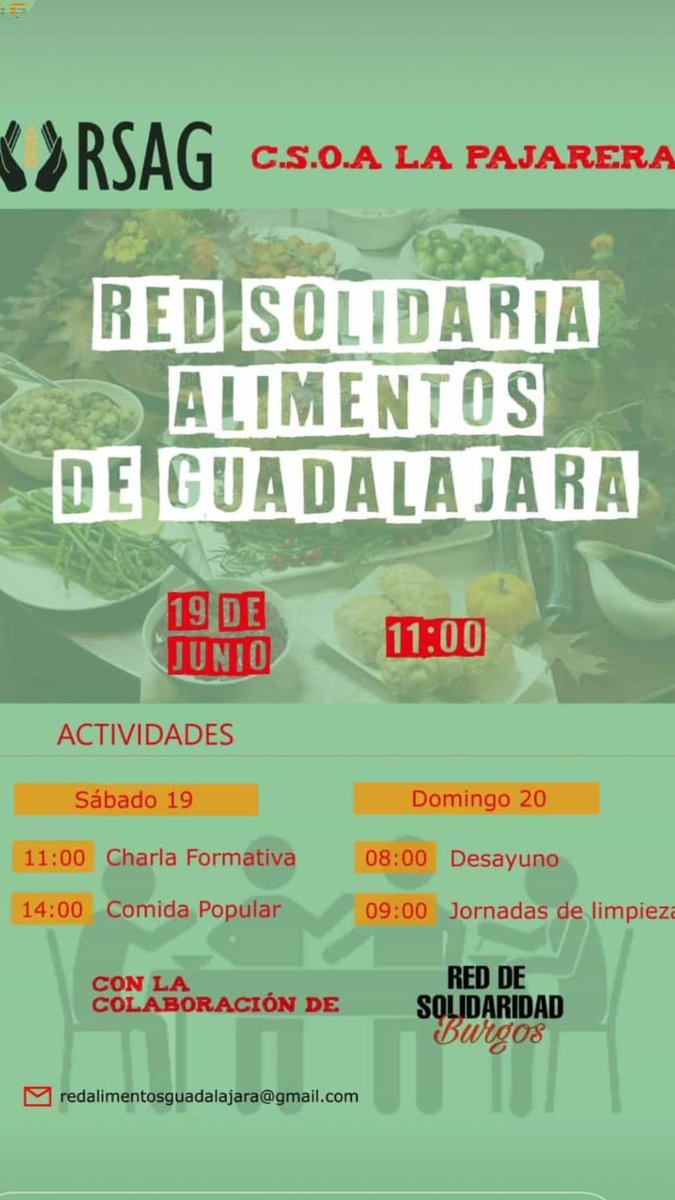Este sábado estaremos en Guadalajara en la presentación de la Red de Alimentos Solidarios para dar una formación.

¡Que se extienda la solidaridad de clase!