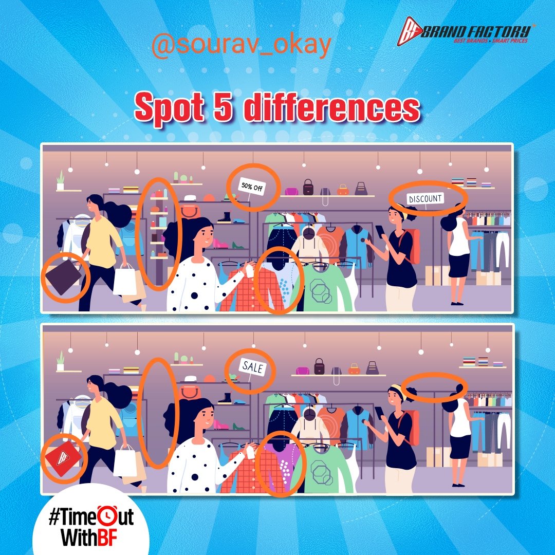 sourav_okay's tweet image. 1) Bag colour
2) Sale and 50% off
3) Dress colour
4) Discount
5) Dress rack

#TimeOutWithBF #SpotTheDifference #SpotDifference #Contest #ContestAlert #BrandFactory #Discounts365Days 
Join us
@Rekha_i_am 
@Sandeep13_ 
@abha_mishra19 
@mysterioussu 
@Unknown_fairy_