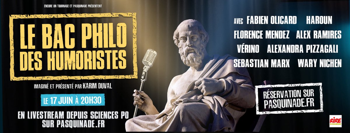 Partenariat #rireetchansons👍C'est ce soir ! Billets sur pasquinade.fr pour suivre à 20h30 EN LIVESTREAM nos humoristes qui vont traiter les sujets du bac philo sur lesquels les bacheliers planchent ce matin🤔<a href="/haaaroun/">Haroun</a> <a href="/KarimDuvalShow/">Karim Duval</a> <a href="/fabienolicard/">Fabien Olicard</a>...