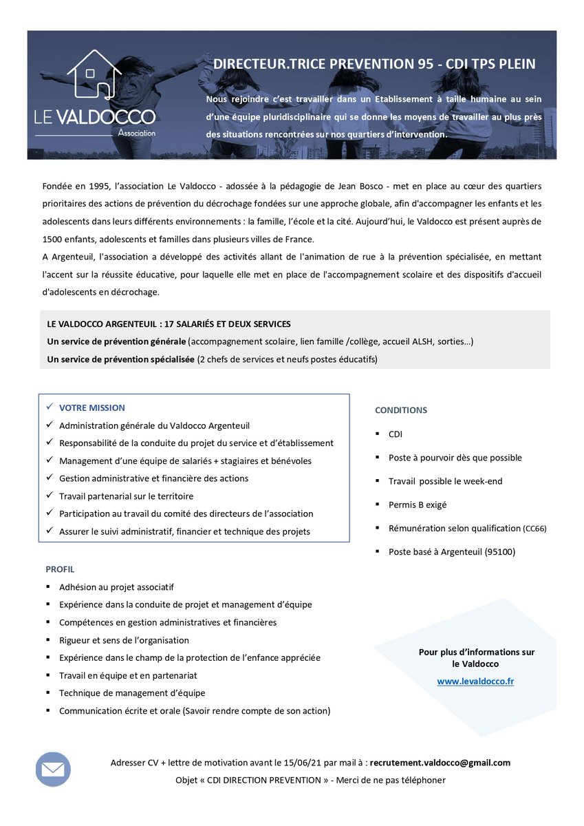 ValdoccoNice's tweet photo. LE VALDOCCO RECRUTE à ARGENTEUIL : DIRECTEUR.TRICE PREVENTION 95 - CDI TPS PLEIN #levaldocco #valdocco #ARGENTEUIL #Recrutement #Emploi #CDI #prevention https://t.co/cZIY9QpP8t