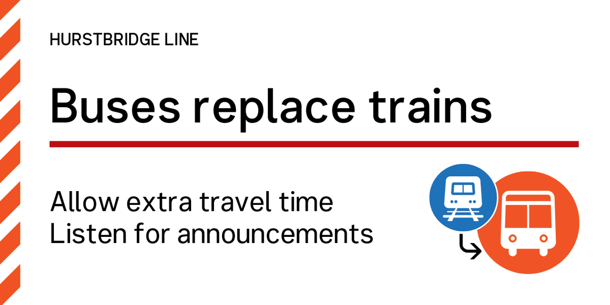 metrotrains's tweet photo. ⛔ Hurstbridge line: Buses replace trains Eltham—Hurstbridge due to an equipment fault.

> Buses have been ordered, ETA 1 hour.
> Extended journey time of approx. 30mins.

Check platform displays and listen for announcements or speak to staff for further info. https://t.co/v230hnV2Ng
