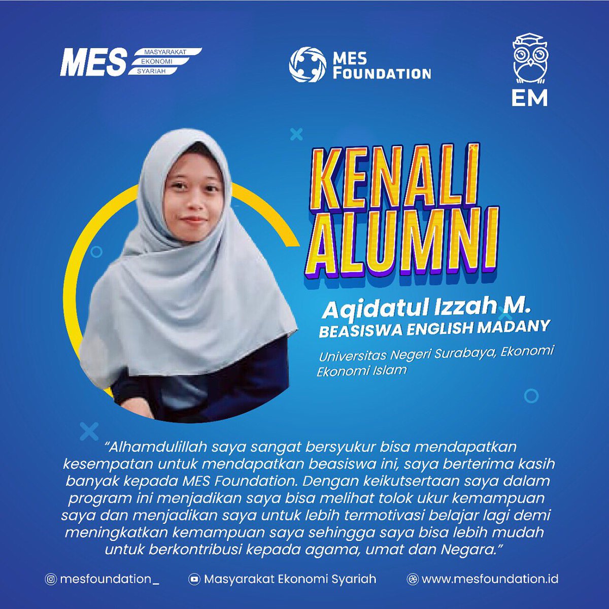 MESfoundation_'s tweet photo. Halo Sobat MESfo!
Yuk kenalan dengan awardee Beasiswa TOEFL yang satu ini Ka Aqidatul Izzah M✨
Menurutnya, program tersebut dapat menjadi tolak ukur nya dalam mengetahui kemampuannya dalam grammar, tak mengherankan bila kaka yang satu ini menjadi semangat belajar bahasa inggris! https://t.co/80lfGFMrrB