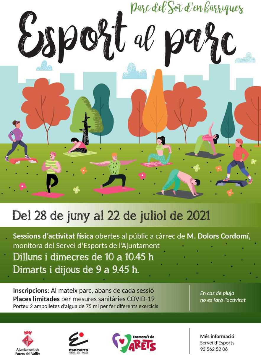 ajparets's tweet photo. 🧘🏻‍♀️🏞️🏀 Sessions d’activitat física al parc del Sot d’en Barriques de #Parets. L’Ajuntament tornarà a obrir les pistes exteriors del municipi aquest cap de setmana.

https://t.co/OeqYoJ1Q88 https://t.co/VVPORYbtTj