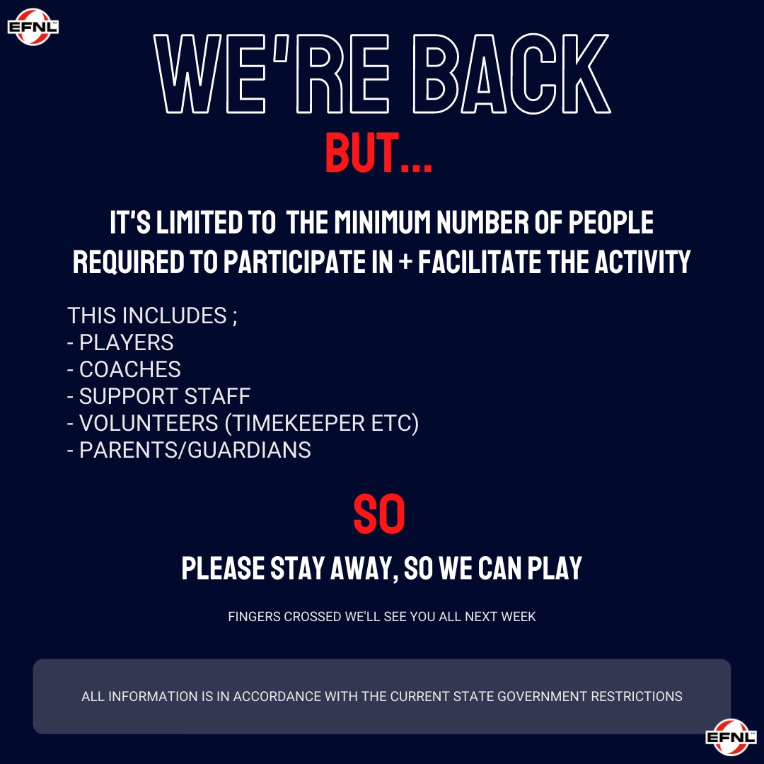 GOOD NEWS: The EFNL has confirmed footy can return this weekend, following the Victorian Government's easing of restrictions at 11.59pm tonight. BUT a few protocols need to be followed. You can read the EFNL's statement here ➡️ bit.ly/3xqc2a2