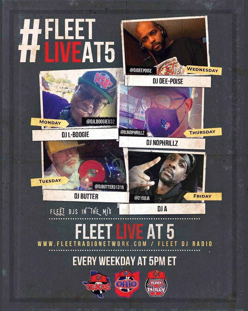 Radio_Promo_One's tweet photo. Check out the live at 5p mixers on @fleetdjradio weekdays as the hottest @fleetdjs lay it down in the mix during your ride home 5p est rocking out the hottest hip hop and r&amp;b in the mix  @Djlboogie832  @DjButter1515 Dj Nophrillz Dj DEE @DJA_Philly https://t.co/Qst6lUHbS1