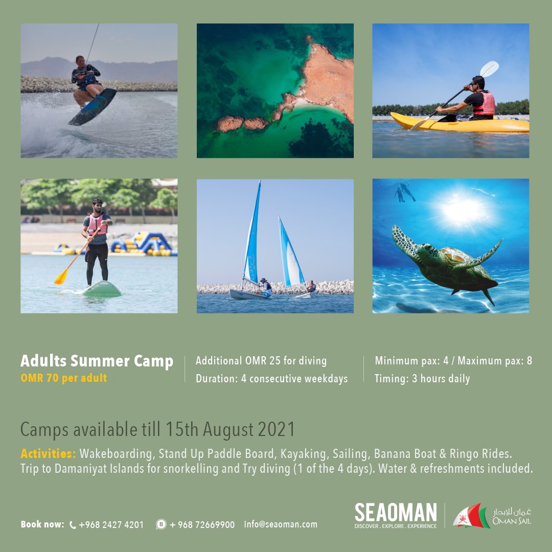 ☀️Welcome summer

Beat the summer heat with our summer camp for adults and experience our most enjoyable water activities 🏄🏻‍♂️

📅 4 consecutive weekdays
👥 4-8 people
⏰ 3 hours a day
🥤 Drinks
🏊🏼‍♂️ Try diving (1 day)

✅Valid until 15 August

Book now:
wa.me/96872669900