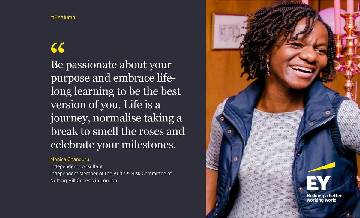 Today we proudly profile #EYAlumni Monica Chanduru! A former #EYZimbabwe Assurance partner, she now lives in the UK with her husband. She's a #consultant &amp; an independent member of an Audit &amp; Risk Committee. Enjoys: Formula 1,🏀 &amp; 🧳🚄✈️🌏. We celebrate you🎉🎉🎉#womenfastforward