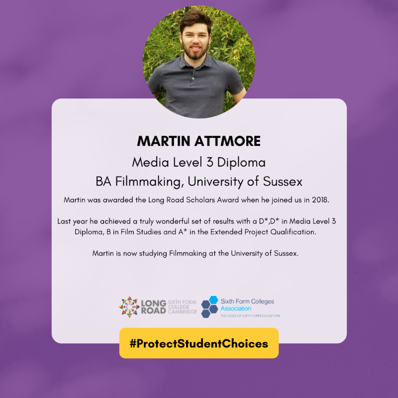 LR6FC's tweet photo. Long Road Sixth Form College supports the @SFCA_info in their campaign to #ProtectStudentChoice

Every year, hundreds of students successfully achieve their #ProgressionGoals after completing their BTEC studies. Check out Martin's inspirational BTEC success story below... https://t.co/bFOm7Q9Dy0