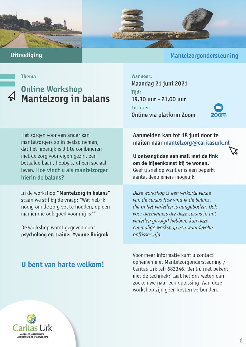 Schrijf je nu in voor de Online Workshop 'Mantelzorg in Balans' op maandag 21 juni. Aanmelden kan tot 18 juni door te mailen naar mantelzorg@caritasurk.nl