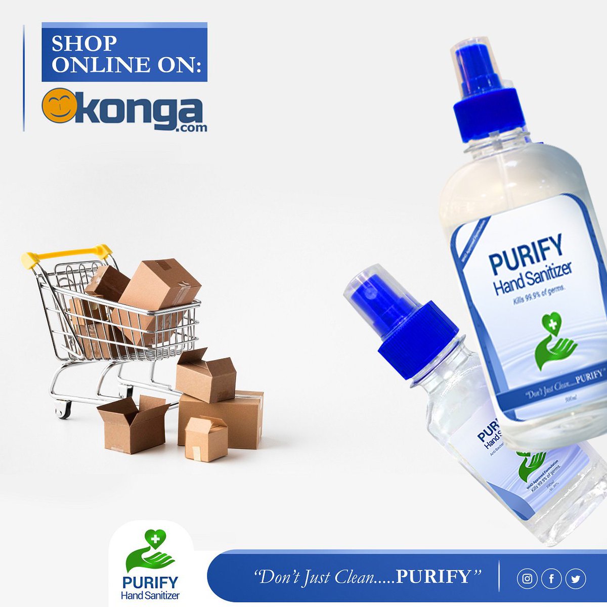 PurifyNigeria's tweet photo. Keep you &amp; your environment germ-free simply by shopping Konga online for Purify Sanitizer. Link in bio. Stay Purified!💙🛒💻
.
.
.
#purifynigeria #clean #brandnew #homecare #onlineshop #sanitizers #cleaning #shop #health #instagood #clean9 #design #500ml #newlook #konga #purify https://t.co/gCEtCuilsz