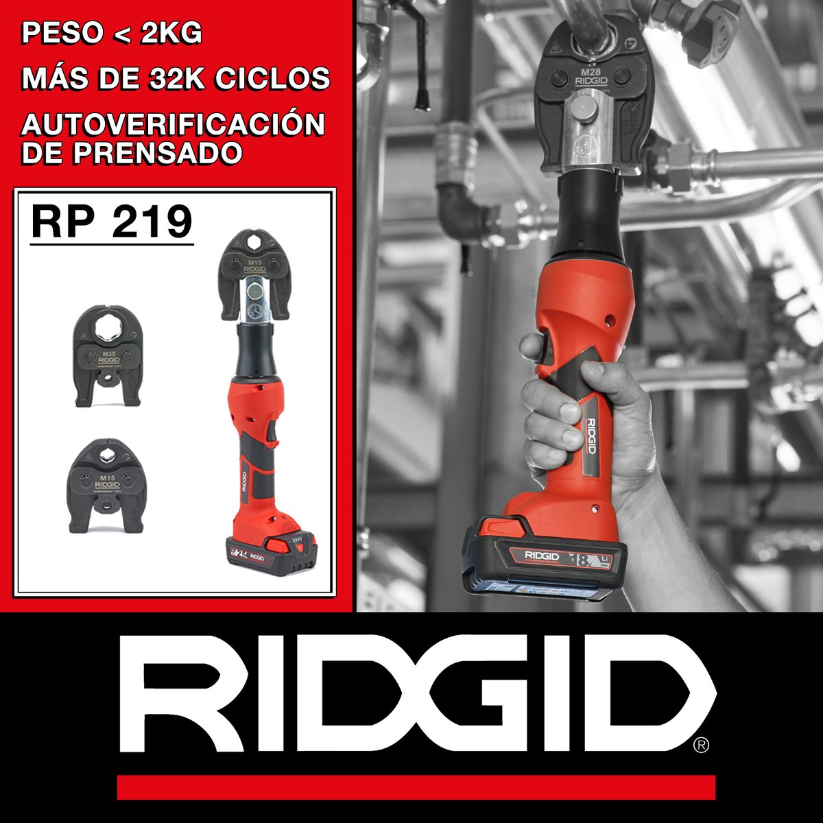🆕La nueva herramienta de prensar RP 219 es la máquina de prensar compacta con 🔍verificación de prensado de #Ridgid:

🪶 Diseño ultra ligero (<2 kg)
🔄 Rotación de cabezal de 360°
💪 32.000 ciclos

#ridgideurope #ridgidrp219 #pressingtechnology #prensado #fegemuiberia