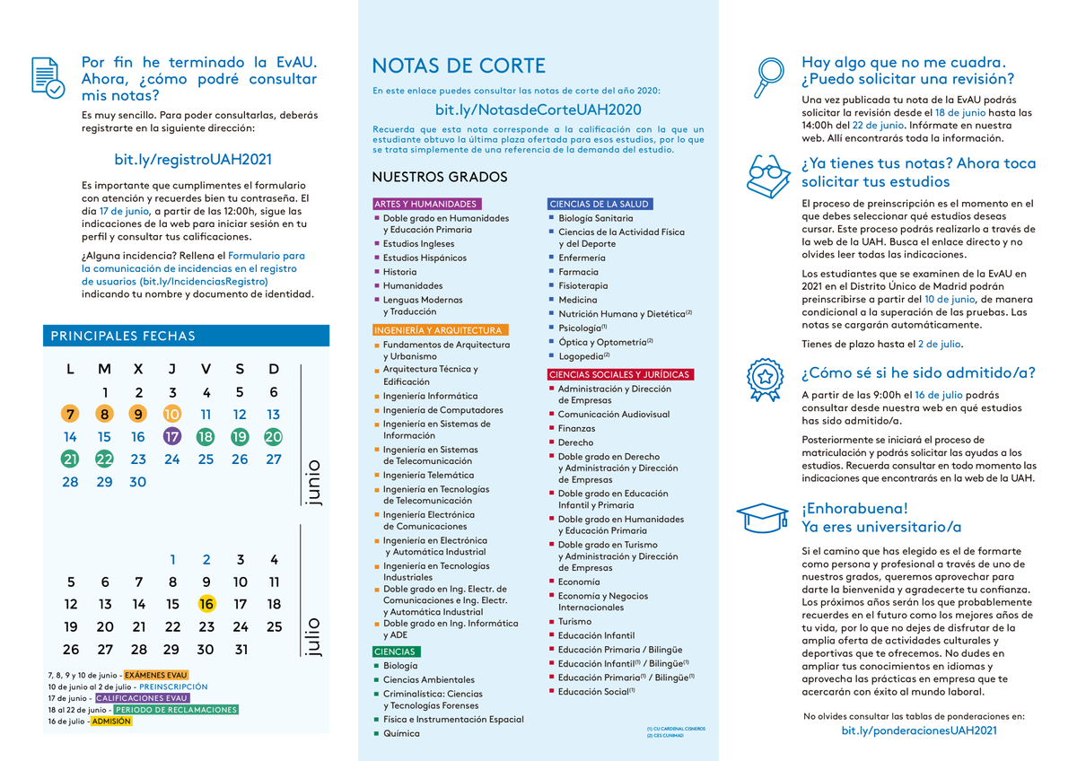¡Ya puedes consultar tu nota de #EvAU! A partir de las 12:00 horas en uah.es/evau (regístrate para acceder a los servicios telemáticos en bit.ly/registroUAH2021) ¡Suerte! Encuentra además en la web toda la info sobre plazos, revisión de exámenes, actas definitivas...