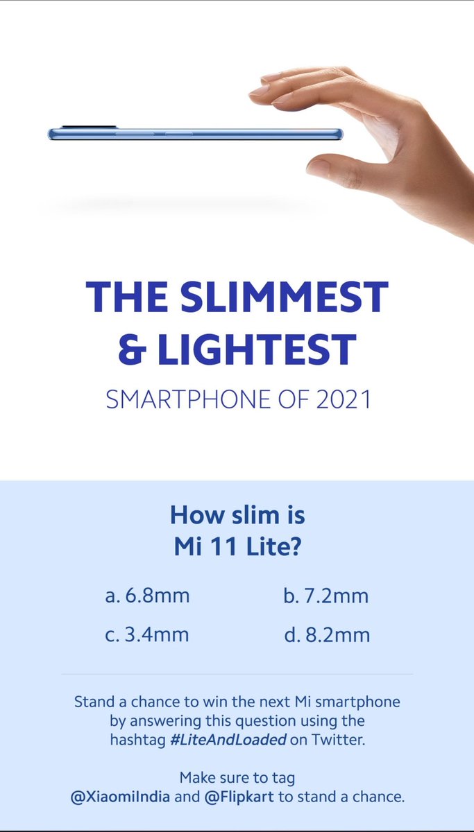 Mi Fans, are you missing out on all the fun?
Wait no more, & click here👇
https://t.co/b1yXipgBxa
Tweet your answers using #LiteAndLoaded, tag @XiaomiIndia & @Flipkart and stand a chance to win 1 #Mi11Lite for each correct answer😍
Launching 22nd June
RT🔁 & spread the word💪 https://t.co/OMEwUOQuC8