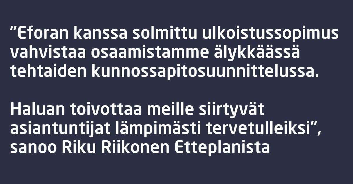Etteplan's tweet image. Stora Enson tytäryhtiö Efora Oy ulkoistaa Veitsiluodon tehtaan projektointiliiketoiminnan Etteplanille ja enimmillään 21 projektipäällikköä ja -insinööriä siirtyy Etteplanille elokuussa 2021.