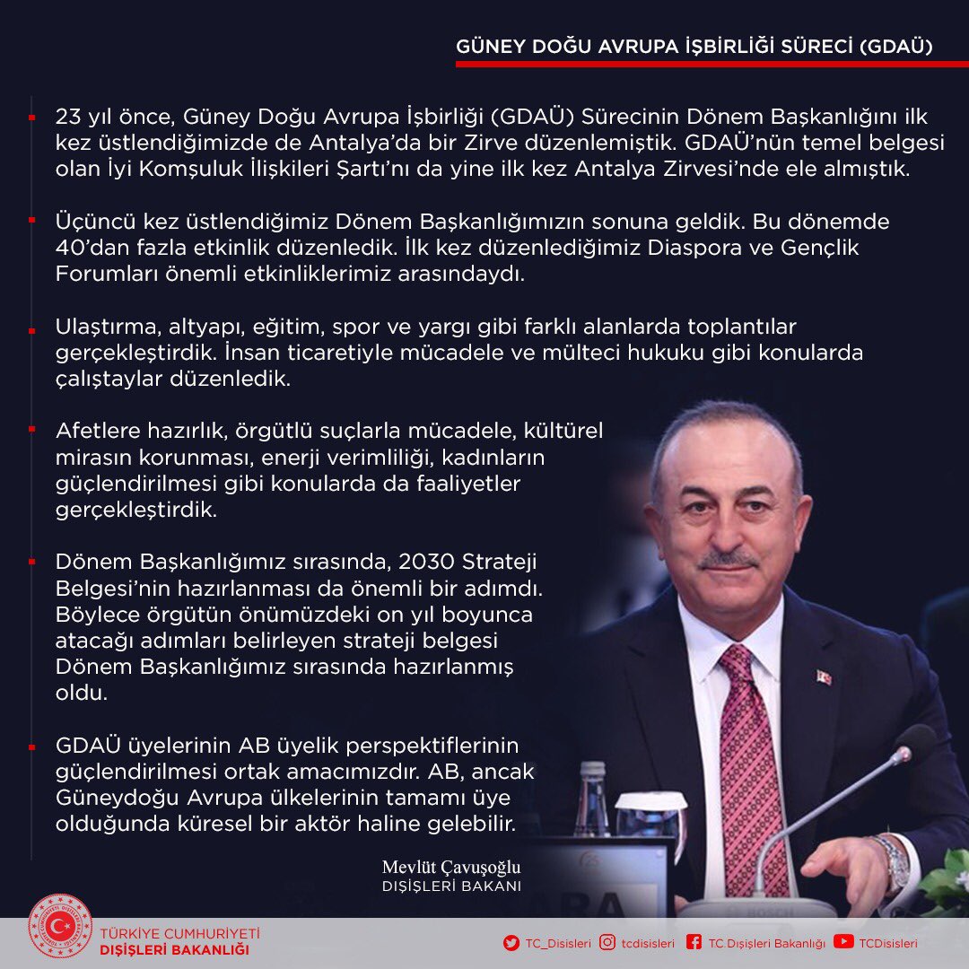 TC_Disisleri's tweet photo. Dönem Başkanlığımız boyunca Güney Doğu Avrupa bölgesi için önemli adımlar attık, kapsamlı bir işbirliği forumu olan #GDAÜ'nün etkinliğini her alanda artırdık.

AB, ancak Güneydoğu Avrupa ülkelerinin tamamı üye olduğunda küresel bir aktör haline gelebilir.

@TurkishCiOSEECP https://t.co/GIj6rjmZtE