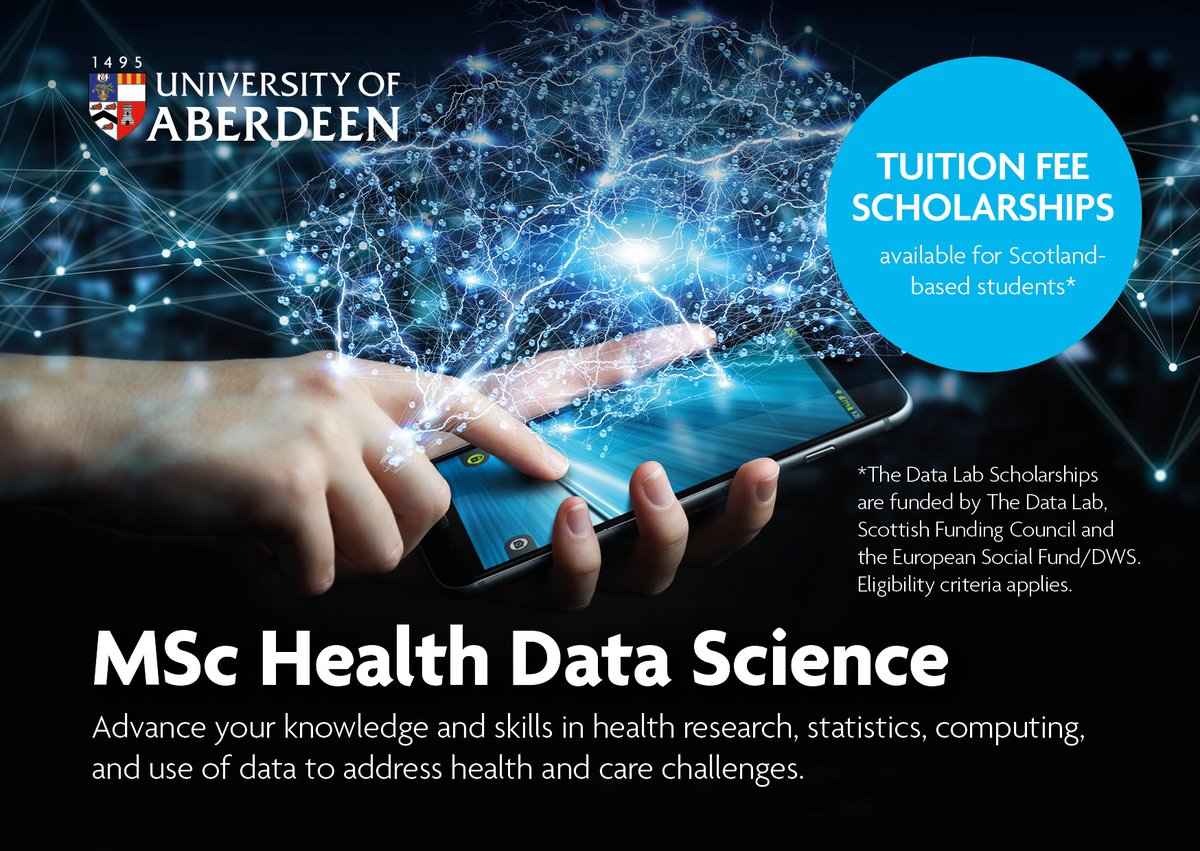 Do you want to develop your data science skills and tackle the big challenges facing the health and healthcare sectors today? 
✨Come and study with us! ✨
There is just over one week until the deadline for The Data Lab scholarships: abdn.ac.uk/pgt/health-dat…