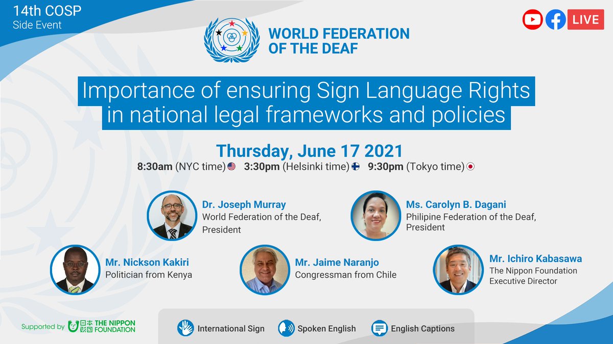 📅TODAY 1⃣7⃣June 2021
Don't miss our Side Event during the #COSP14 !
The theme is the "Importance of ensuring #SignLanguage Rights in national legal frameworks and policies".
Register now➡️wfdeaf.org/cosp-2021-side…
