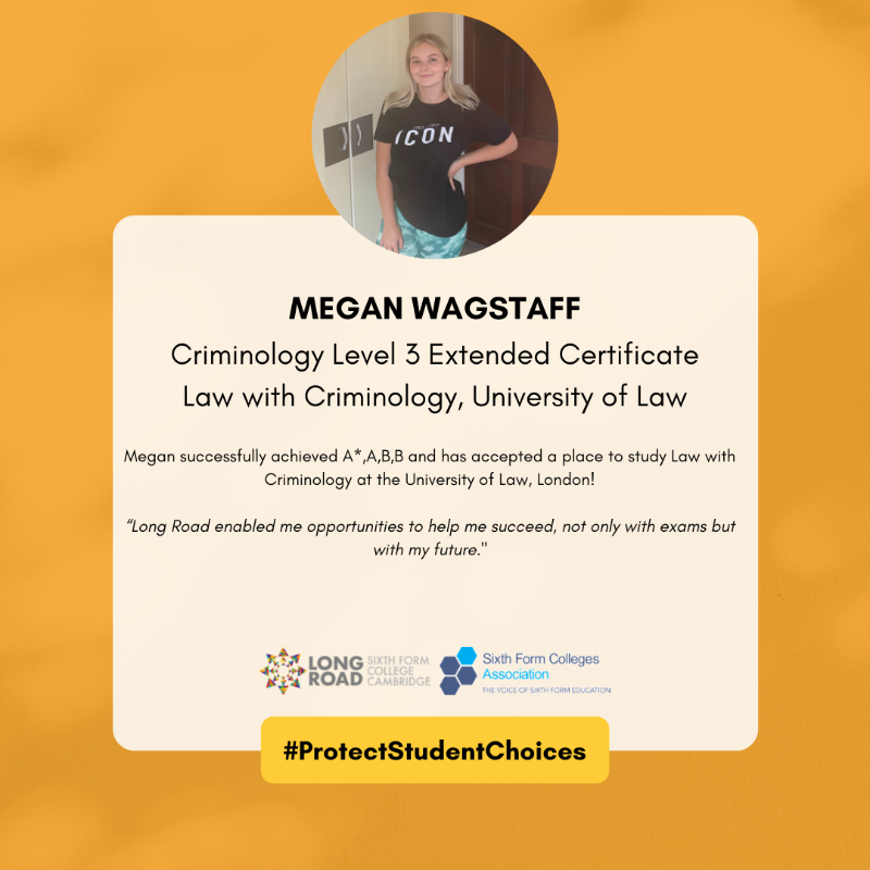 LR6FC's tweet photo. Long Road Sixth Form College supports the @SFCA_info in their campaign to #ProtectStudentChoice

Every year, hundreds of students successfully achieve their #ProgressionGoals after completing their BTEC studies. Check out Megan's inspirational BTEC success story below... https://t.co/dEiDe1xjjn